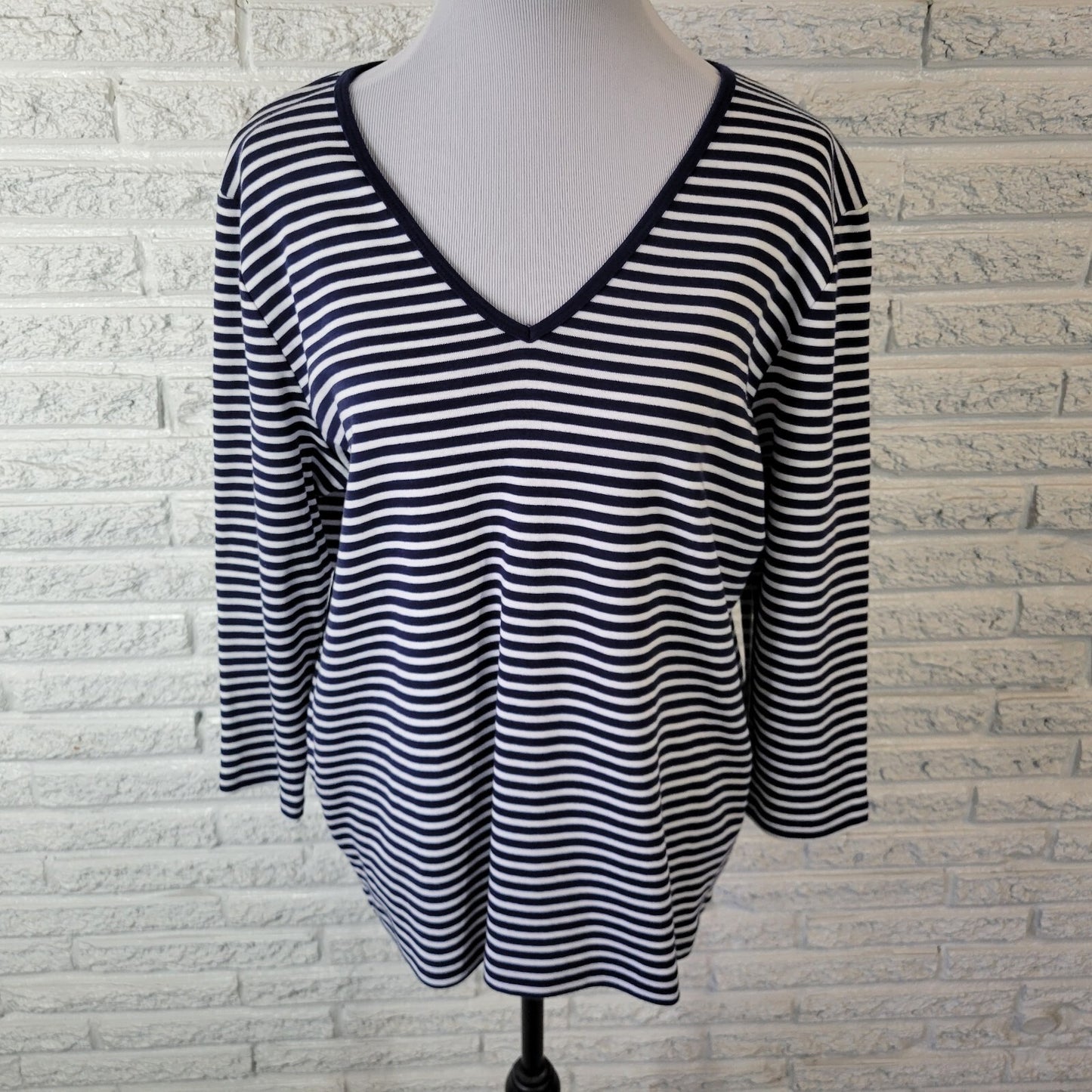 Jones New York Sport Women Top 1X Plus 3/4 Sleeve Blue White Stripe Comfy Cotton