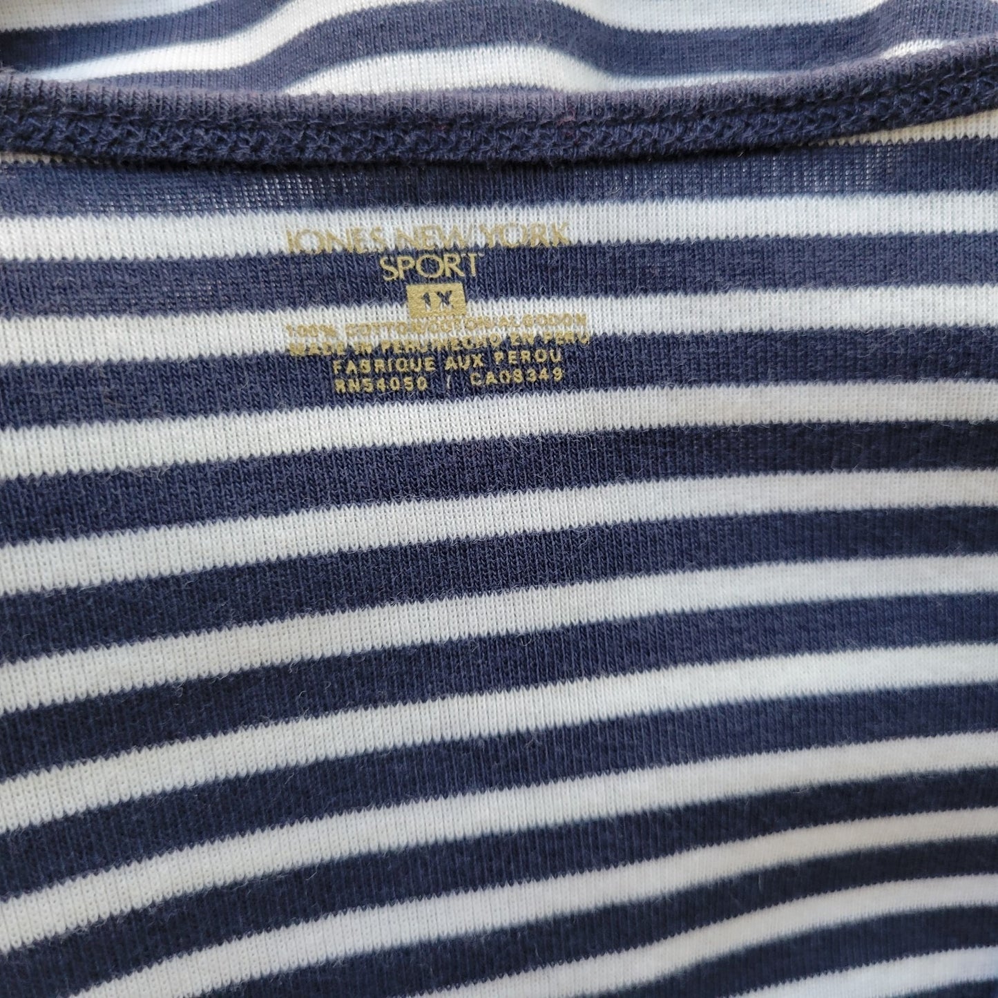 Jones New York Sport Women Top 1X Plus 3/4 Sleeve Blue White Stripe Comfy Cotton