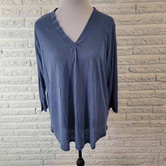 Orvis Womens Top Extras Large XL 3/4 Sleeve Blue Lightweight Linen Polyester