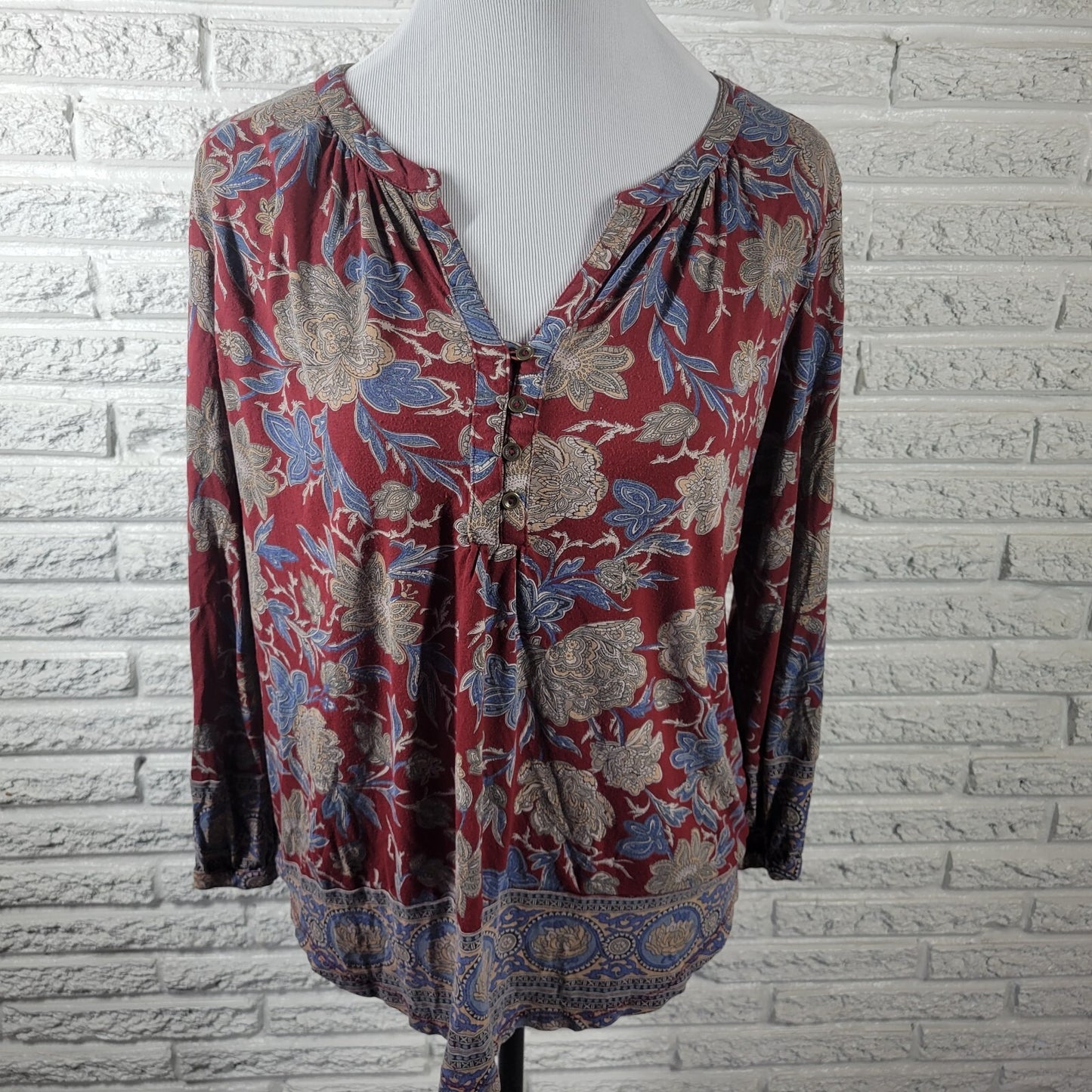 Lucky Brand Women Top Extra Large Burgundy Blue Floral Button Asymmetric Viscose