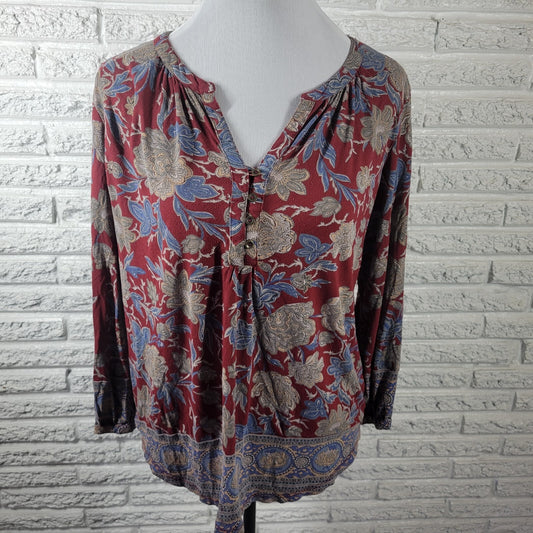 Lucky Brand Women Top Extra Large Burgundy Blue Floral Button Asymmetric Viscose
