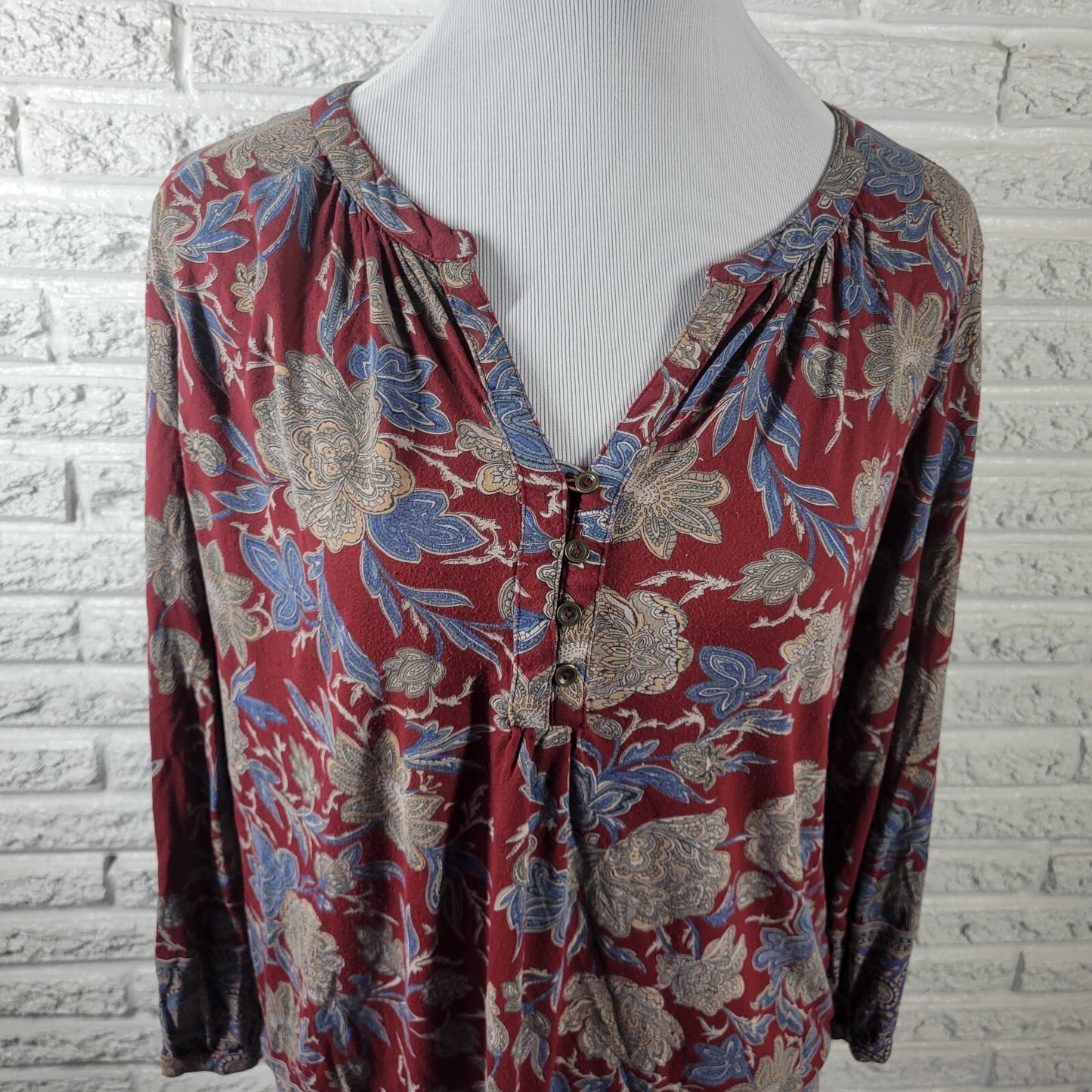 Lucky Brand Women Top Extra Large Burgundy Blue Floral Button Asymmetric Viscose