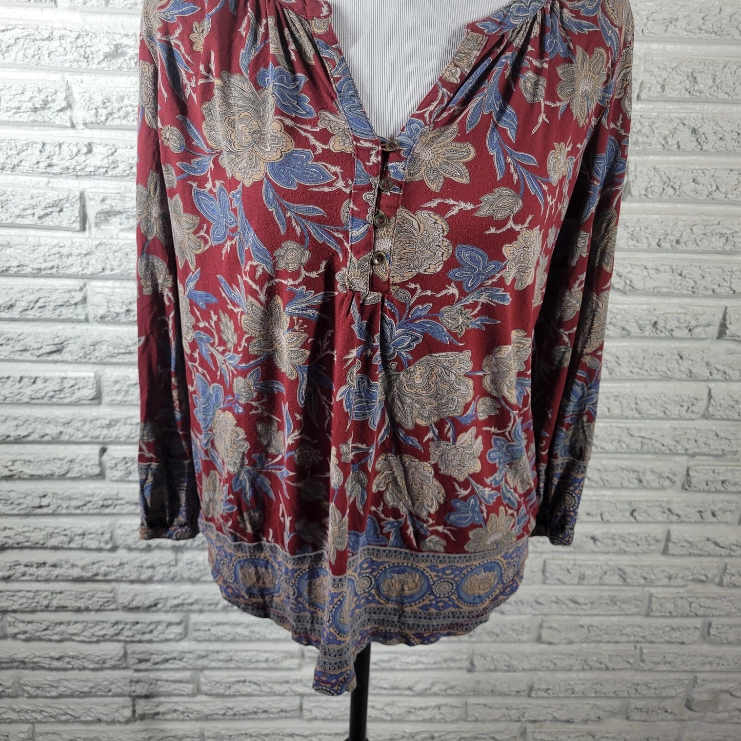Lucky Brand Women Top Extra Large Burgundy Blue Floral Button Asymmetric Viscose