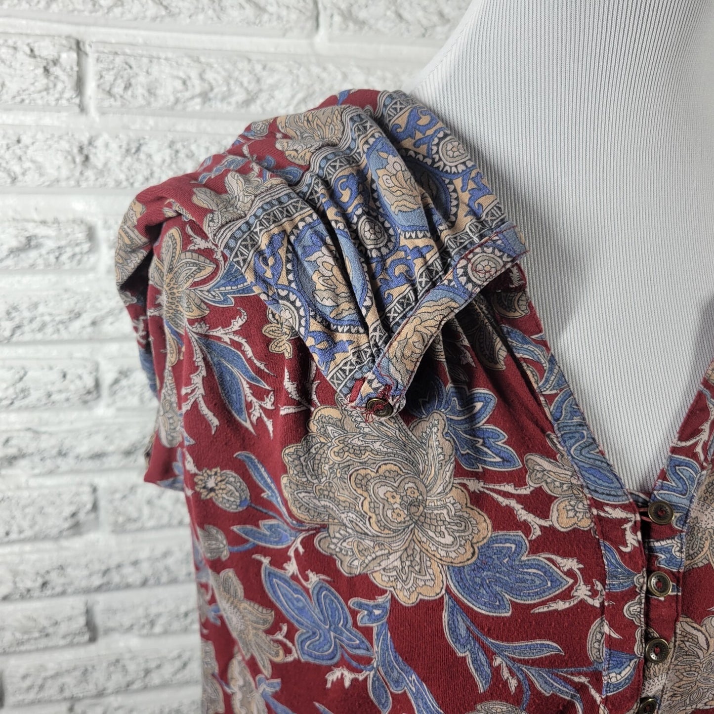 Lucky Brand Women Top Extra Large Burgundy Blue Floral Button Asymmetric Viscose