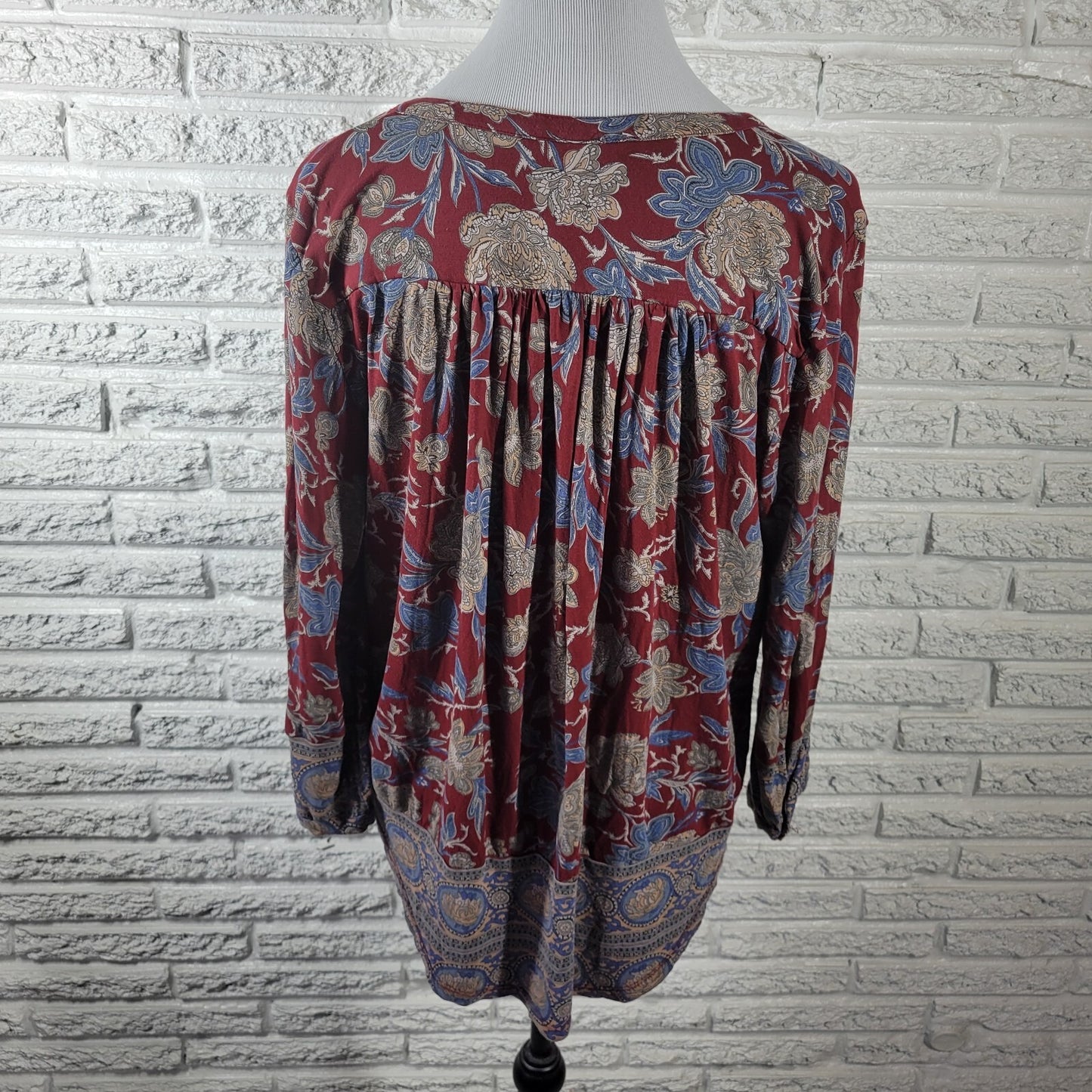 Lucky Brand Women Top Extra Large Burgundy Blue Floral Button Asymmetric Viscose