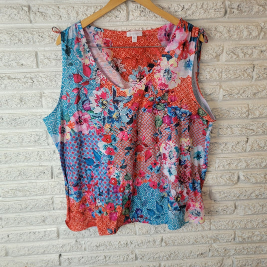 Concepts Womens Top XXXL 22 Plus Sleeveless Blue Floral Poly Blend Rhinestones