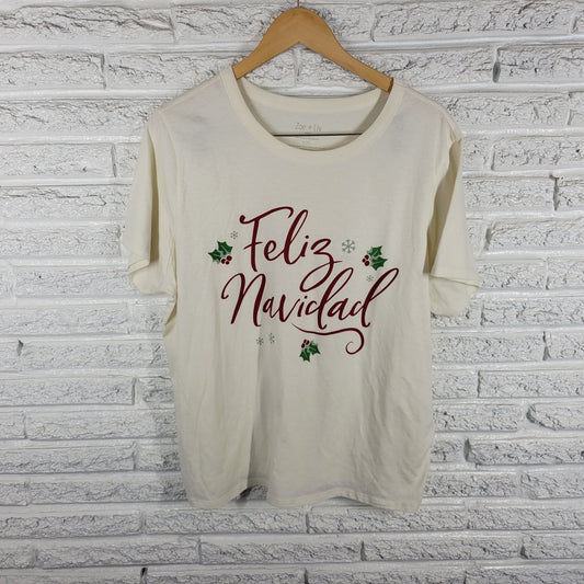 Christmas Zoe Liv Womens Top XXL Plus Tee White Feliz Navidad Cotton Blend Comfy