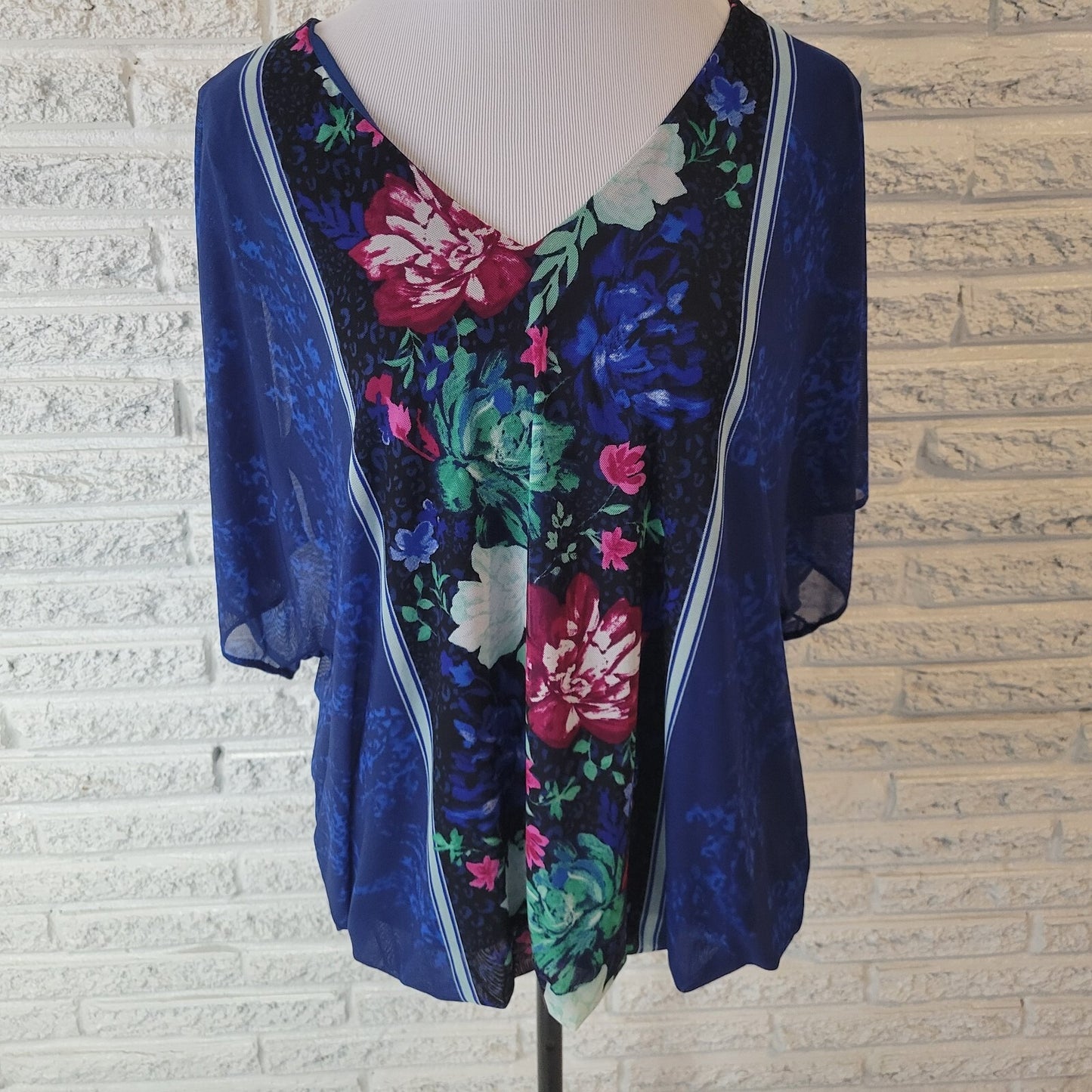 JM Collection Womens Top XL Sheer Split Sleeve Blue Floral Attached Tank Career