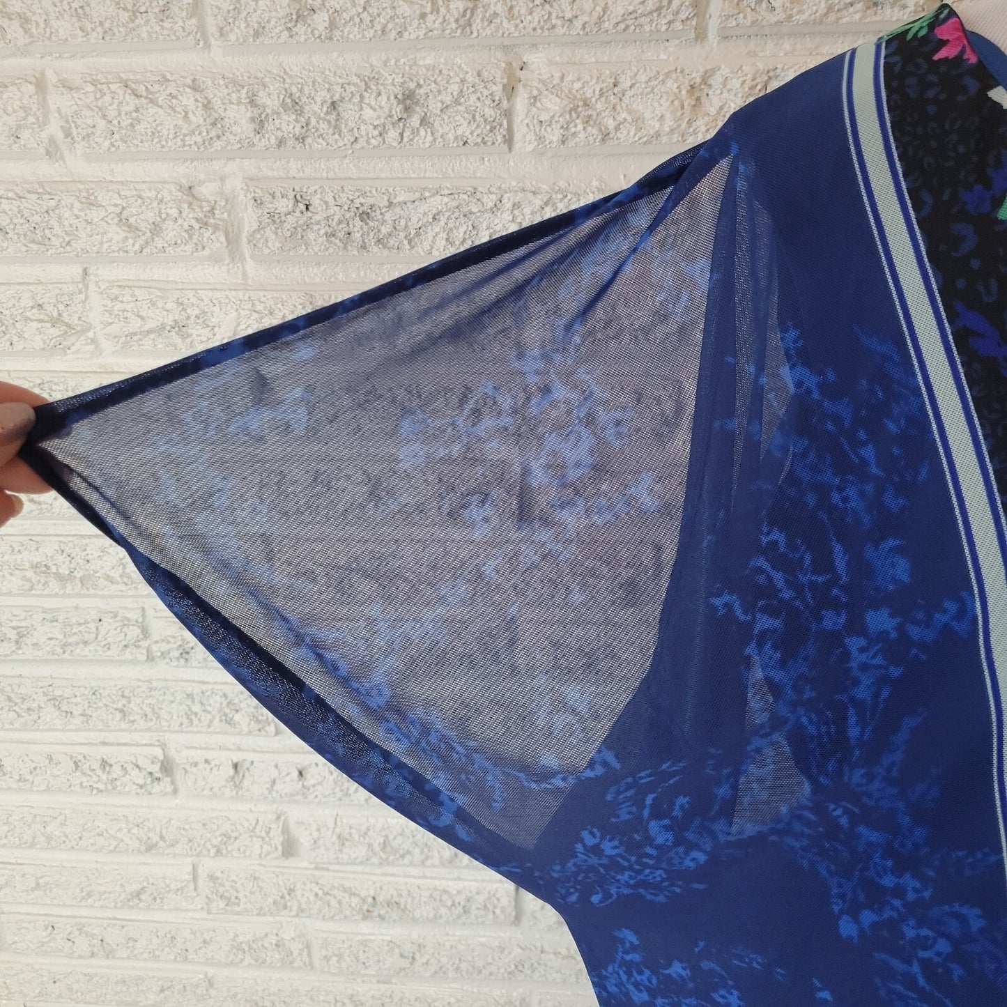 JM Collection Womens Top XL Sheer Split Sleeve Blue Floral Attached Tank Career