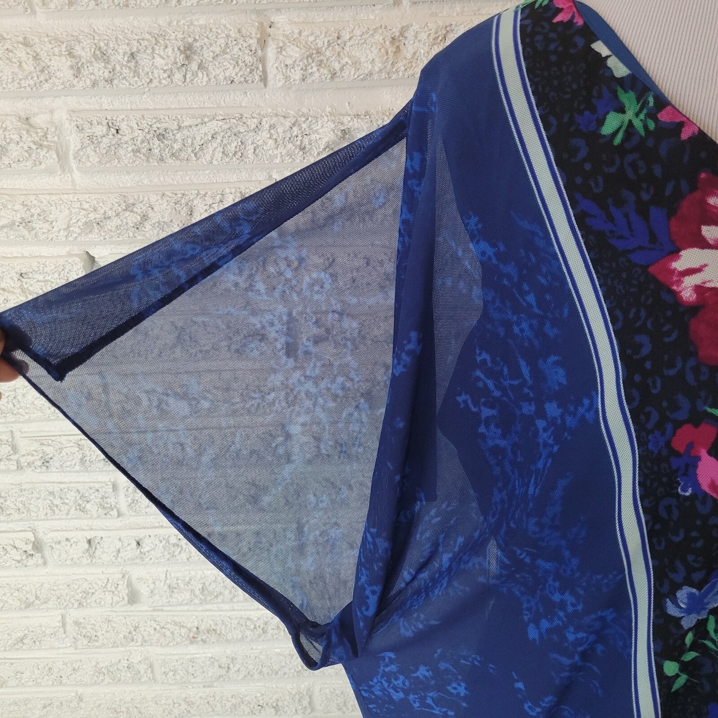 JM Collection Womens Top XL Sheer Split Sleeve Blue Floral Attached Tank Career