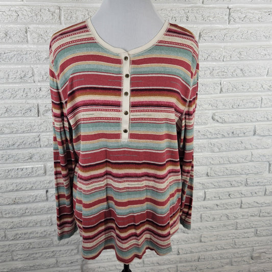 Chaps Womens Sweater 2X Plus Red Yellow Stripe 1/4 Button Lightweight Cotton