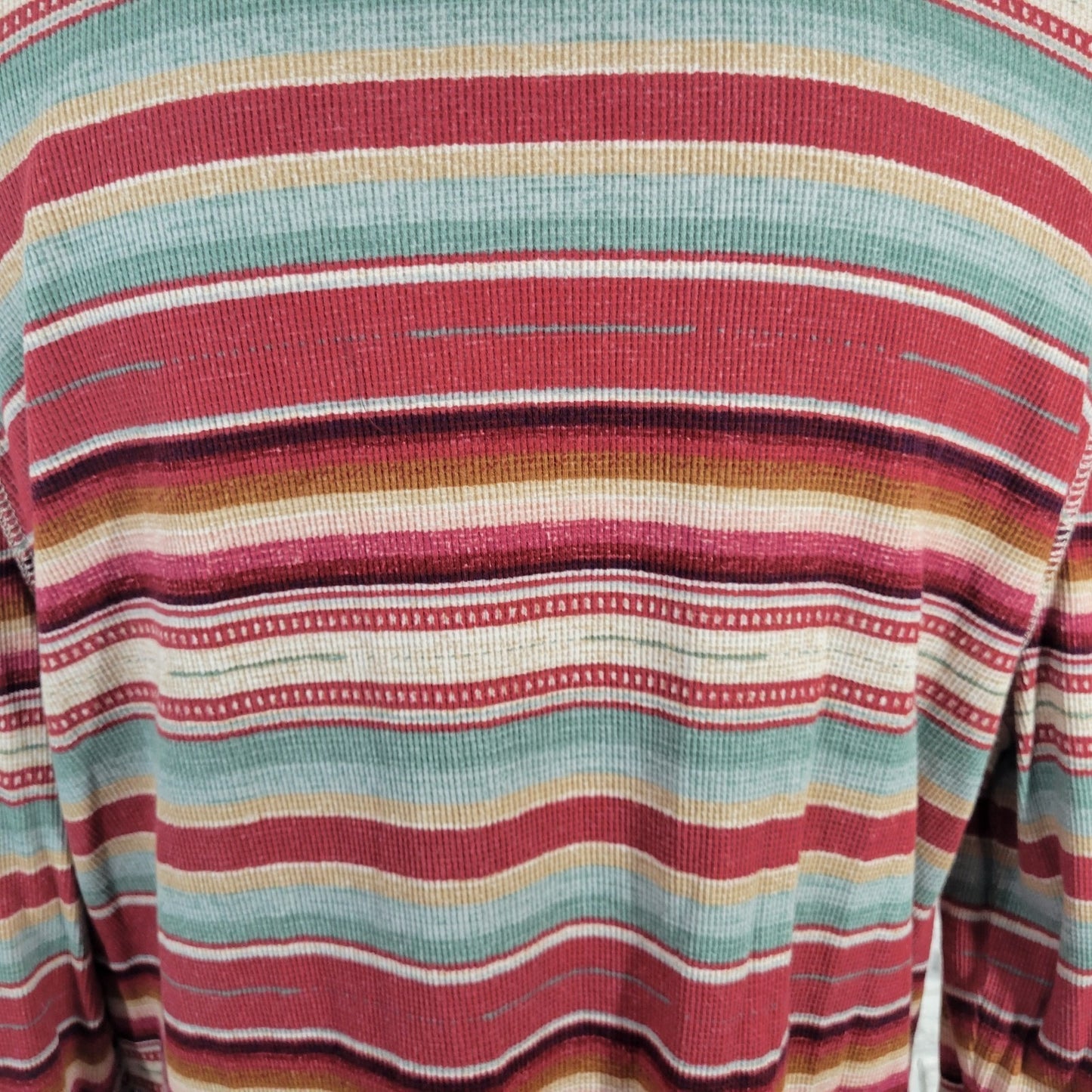 Chaps Womens Sweater 2X Plus Red Yellow Stripe 1/4 Button Lightweight Cotton