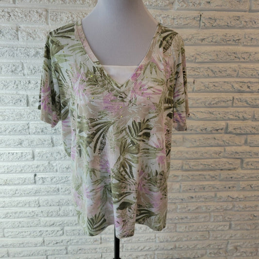 Basic Editions Womens Top 2X Plus Tee Short Sleeve Green Purple Floral Studded