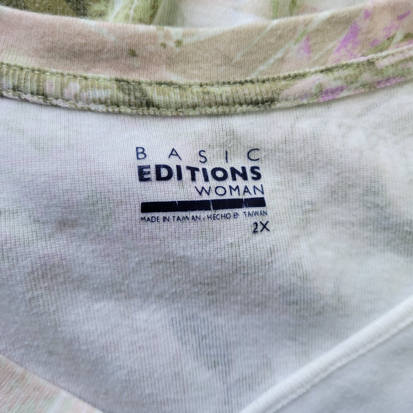 Basic Editions Womens Top 2X Plus Tee Short Sleeve Green Purple Floral Studded