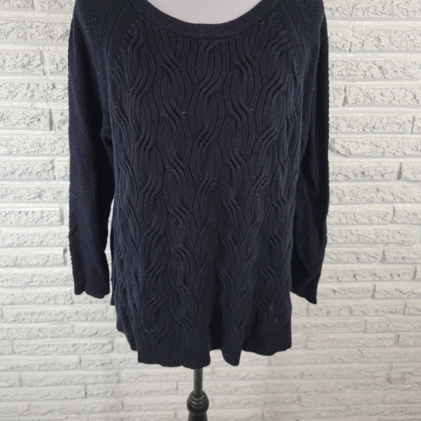 Sonoma Womens Sweater 1X Plus Cable Knit Black Side Slits Casual Cotton Blend