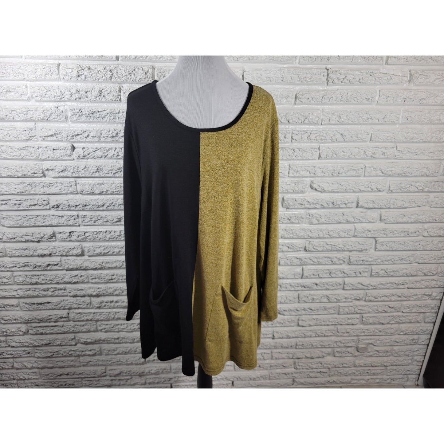 Zim Zoe Women Top 26 28 Plus Tunic Knit Tan Colorblock Long Sleeve Pockets