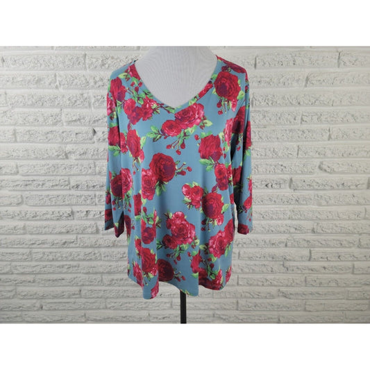 Pioneer Woman Womens Top Extra Large XL 3/4 Sleeve Blue Red Roses VNeck Casual