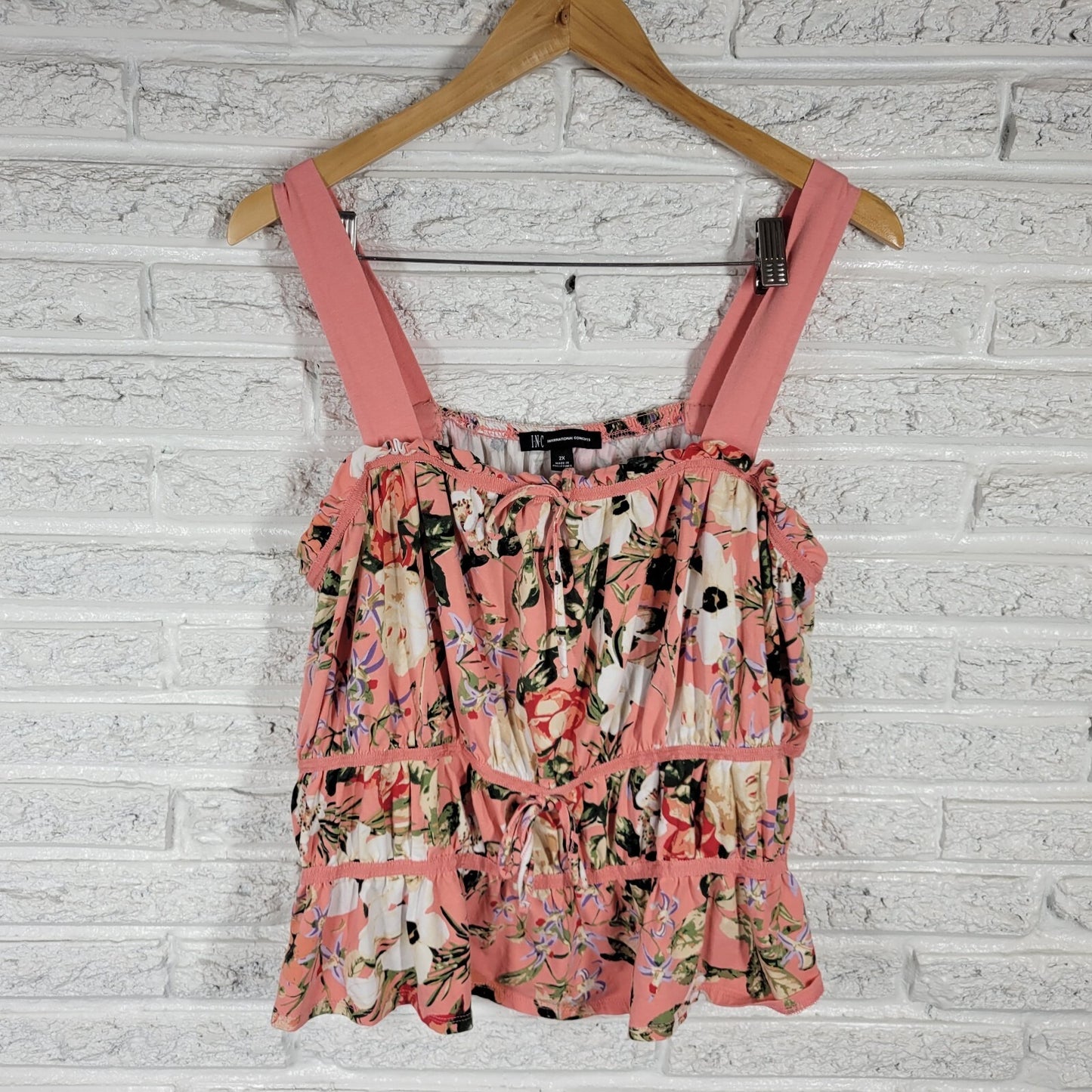 INC International Concepts Womens Top 2X Plus Swing Casual Pink Floral Ruffle