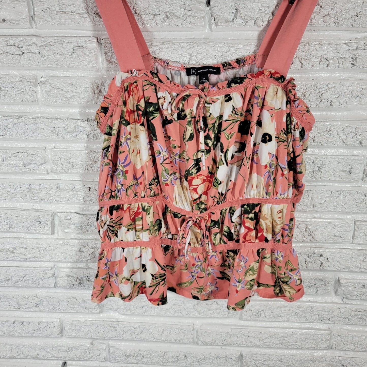 INC International Concepts Womens Top 2X Plus Swing Casual Pink Floral Ruffle