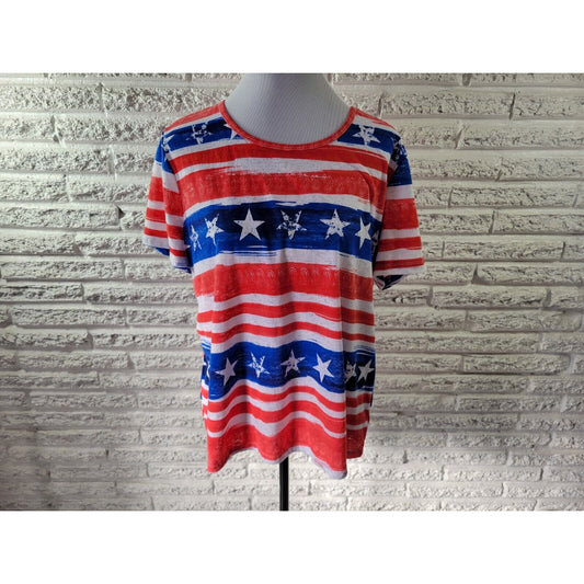 Fourth of July Gloria Vanderbilt Womens Top XL Tee Burnout Patriotic Stars Red