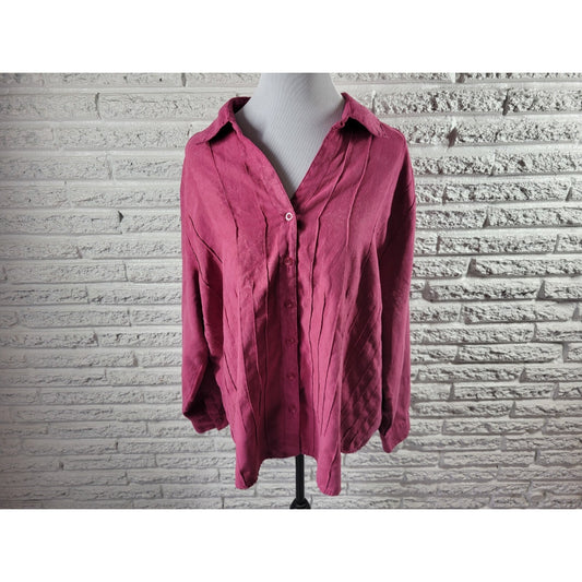 Lemon Grass Women Top 2X Plus Long Sleeve Pink Stamped Floral Polyester Velour