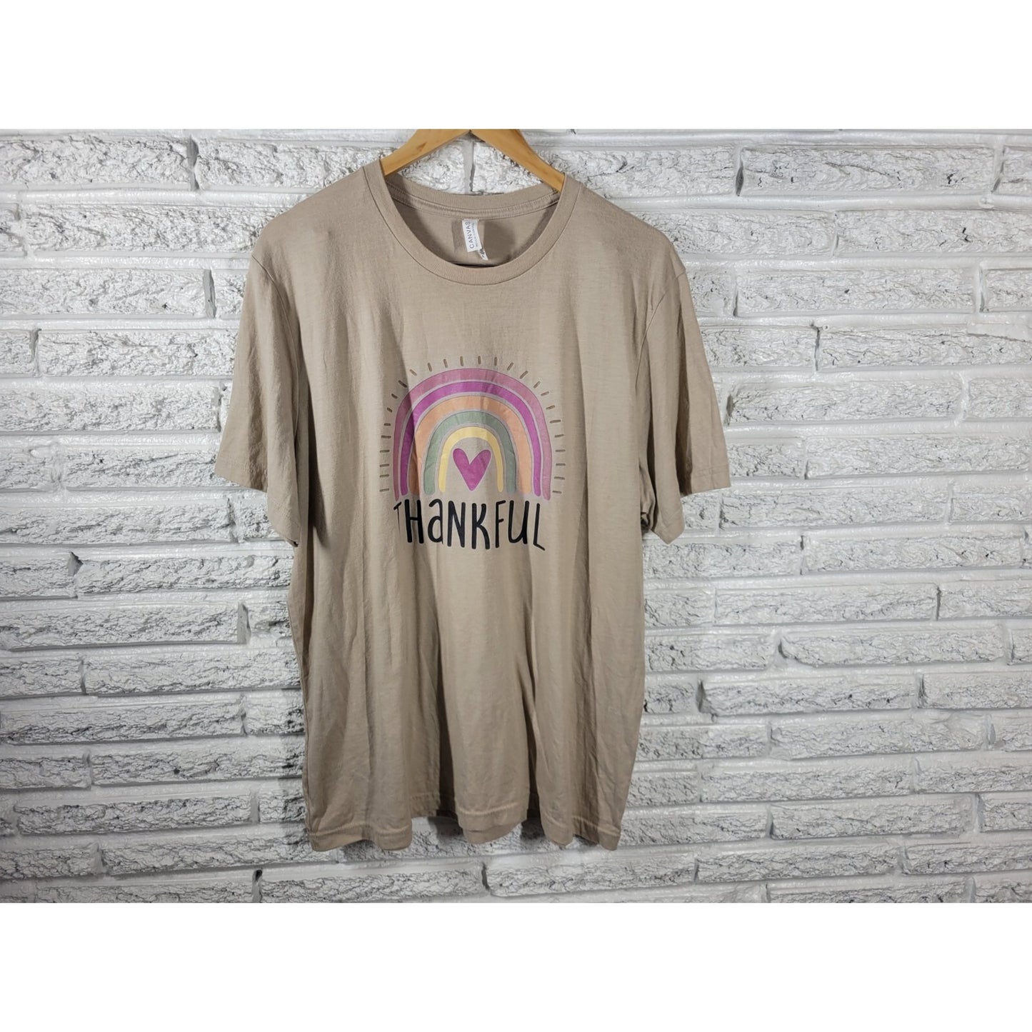 Thanksgiving Womens Top 2XL PlusThankful Short Sleeve Rainbow Beige Cotton Blend