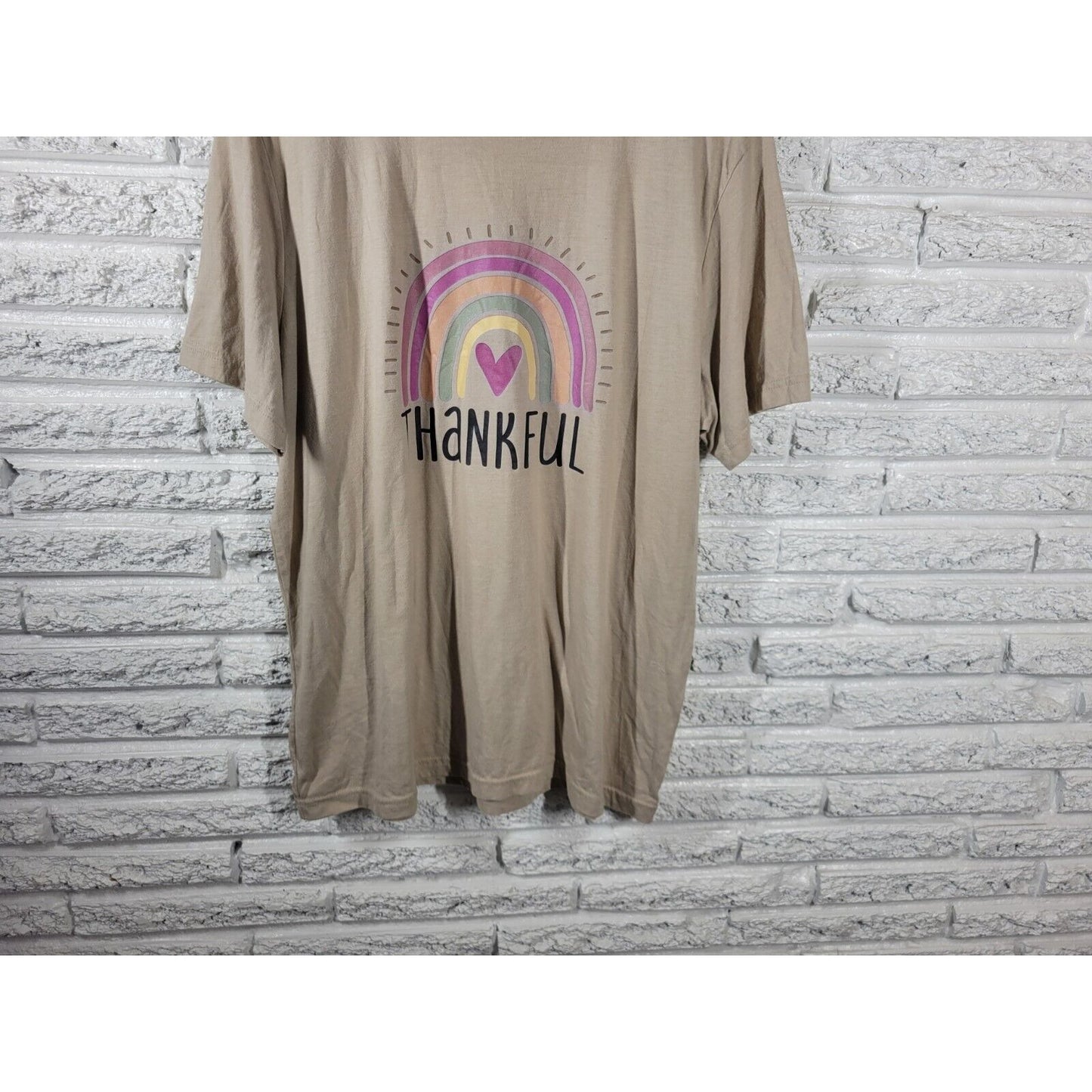 Thanksgiving Womens Top 2XL PlusThankful Short Sleeve Rainbow Beige Cotton Blend