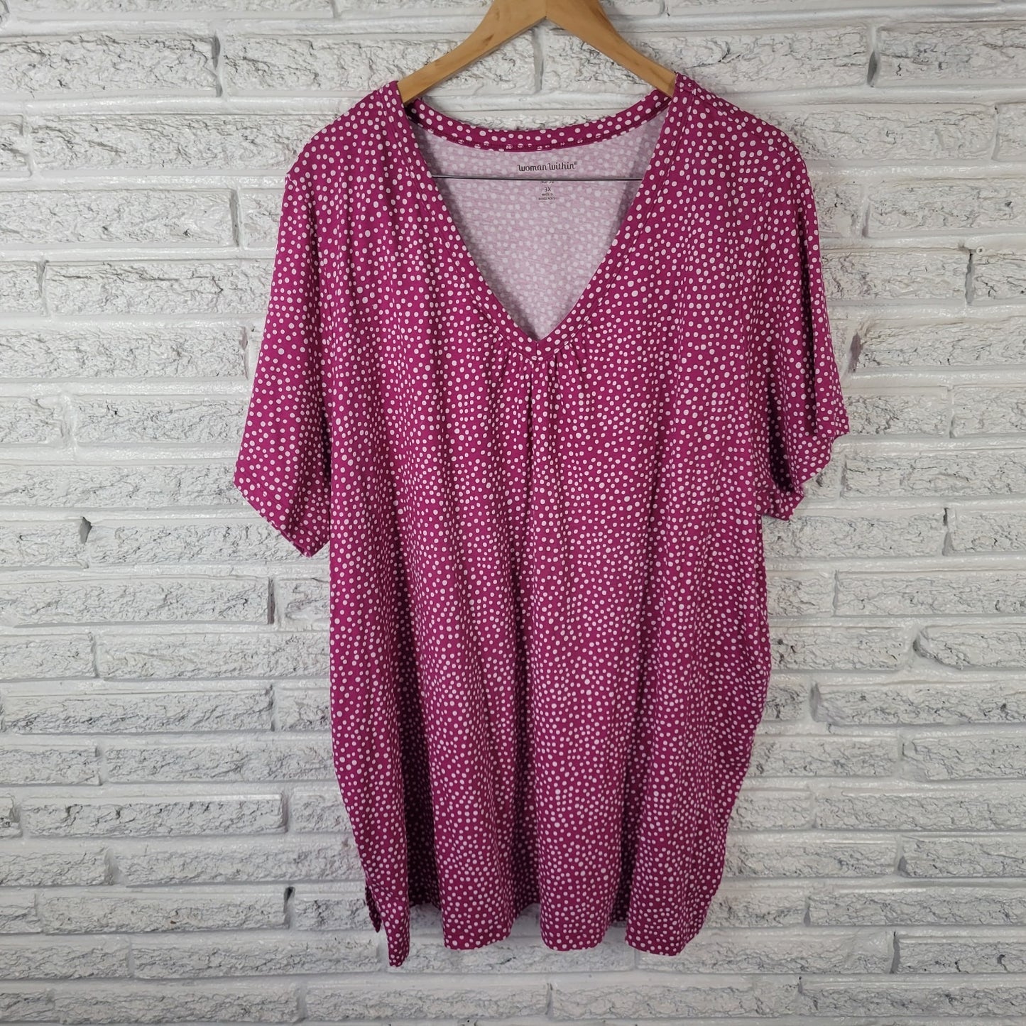 Woman Within Women's 3X Plus Purple Pink Polka Dot V-Neck Cotton Tunic Top