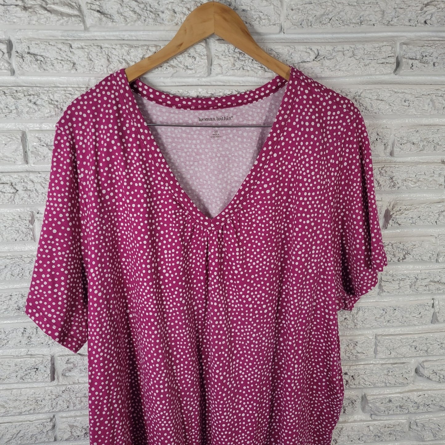 Woman Within Women's 3X Plus Purple Pink Polka Dot V-Neck Cotton Tunic Top