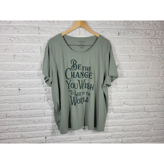 Awake Womens Top 3X Plus Tee Short Sleeve Casual Green Be The Change Motivation