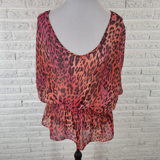 Investments Womens Top 1X Plus Peplum Pink Black Animal Print Lightweight Sheer