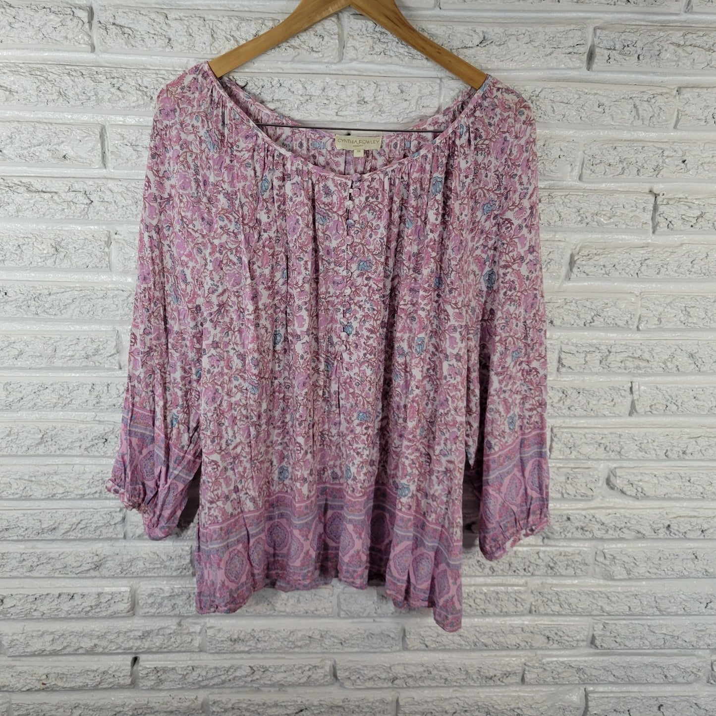 Cynthia Rowley Womens Top 3X Plus Peasant 3/4 Sleeve Lightweight Pink Floral