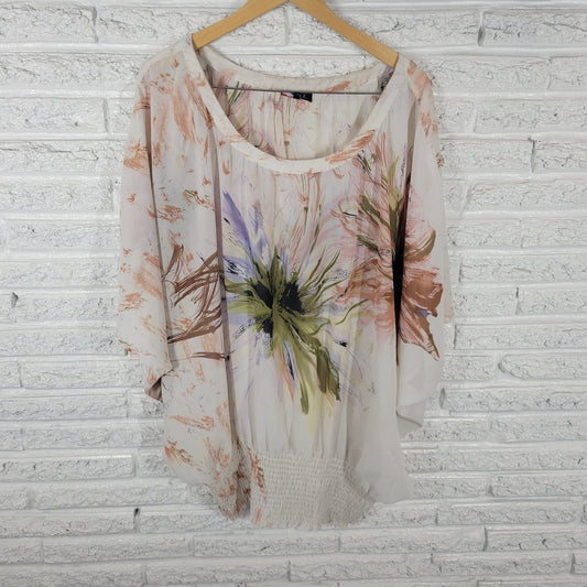 Unique Spectrum Womens Top 3X Plus Tunic Batwing Brown Watercolor Smocked Waist