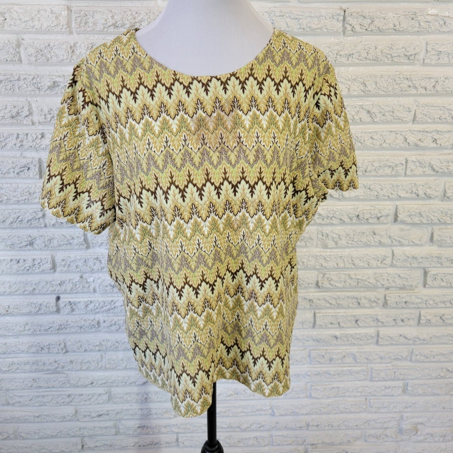 Alfred Dunner Women's Plus Size 1X Top Green Brown Geometric Short Sleeve Blouse