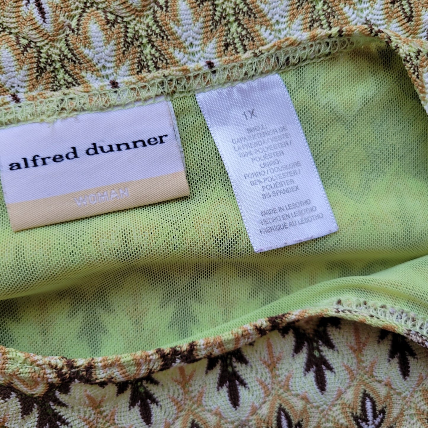 Alfred Dunner Women's Plus Size 1X Top Green Brown Geometric Short Sleeve Blouse