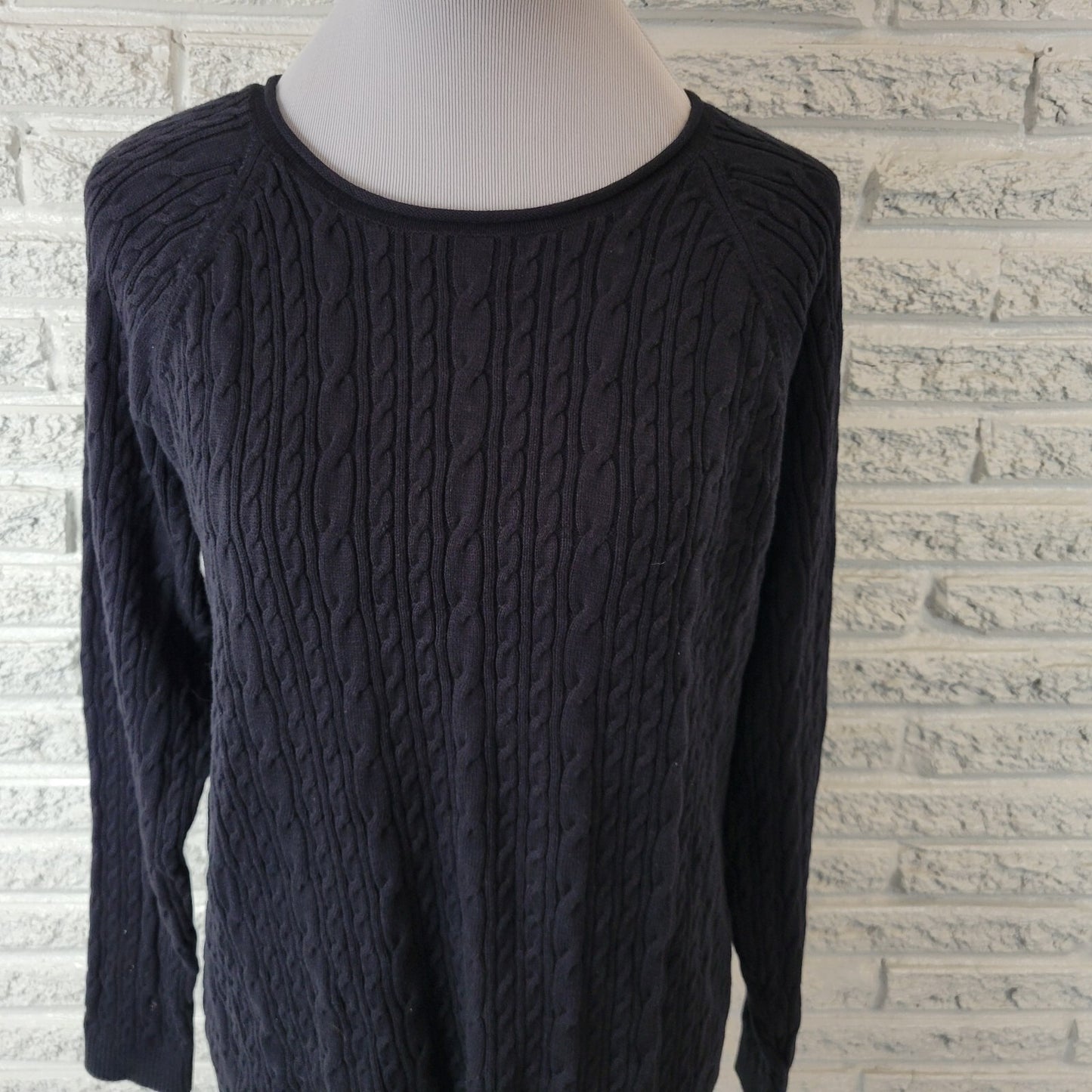 Lands End Womens Sweater XL 18 Plus Cable Knit Black Cotton Casual Comfy