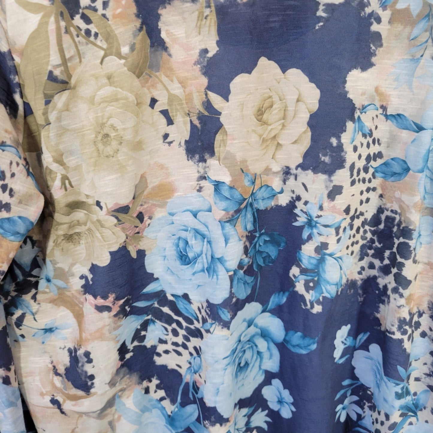 Time Tru Tunic 3XL Plus Blue Floral Rhinestone Long Sleeve Crew Neck Pullover