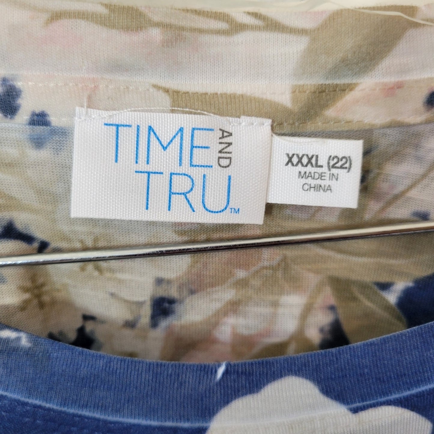 Time Tru Tunic 3XL Plus Blue Floral Rhinestone Long Sleeve Crew Neck Pullover