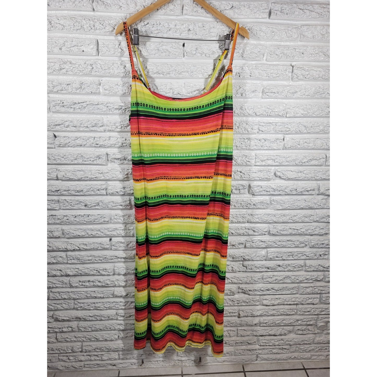 Rouge 3X Plus Size Dress Fluorescent Red Striped Midi Slip Square Neck
