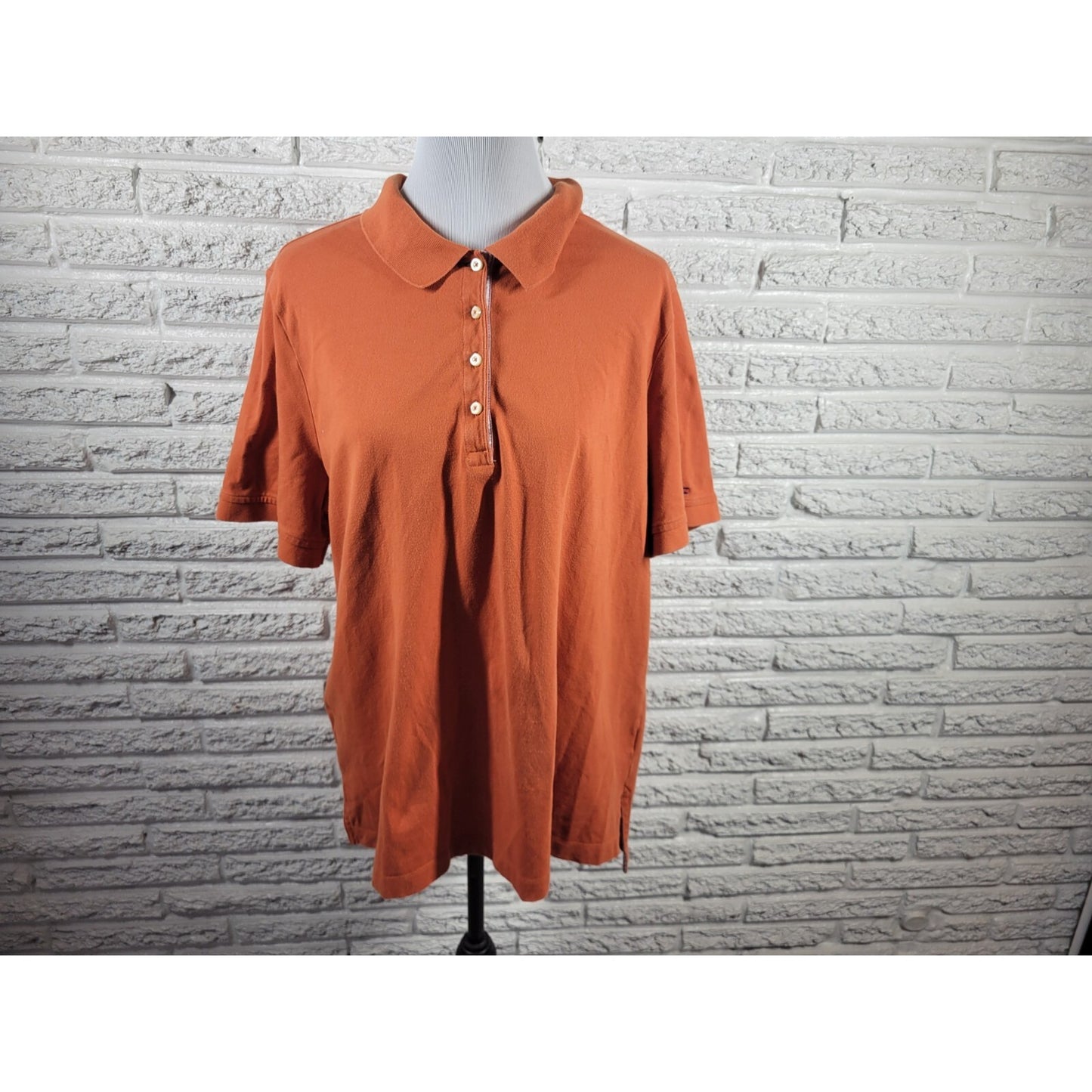 Tommy Hilfiger Women Top 2X Plus Polo Short Sleeve Orange Cotton Blend Quarte