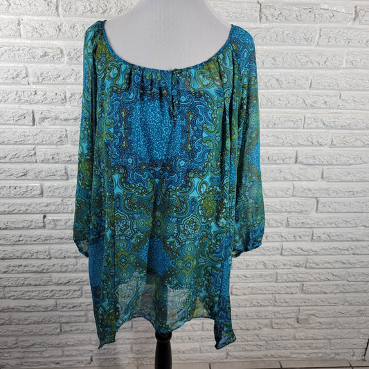 Apt 9 Women's 2X Plus Blue Geometric Sheer Button-Up 3/4 Sleeve Blouse Top