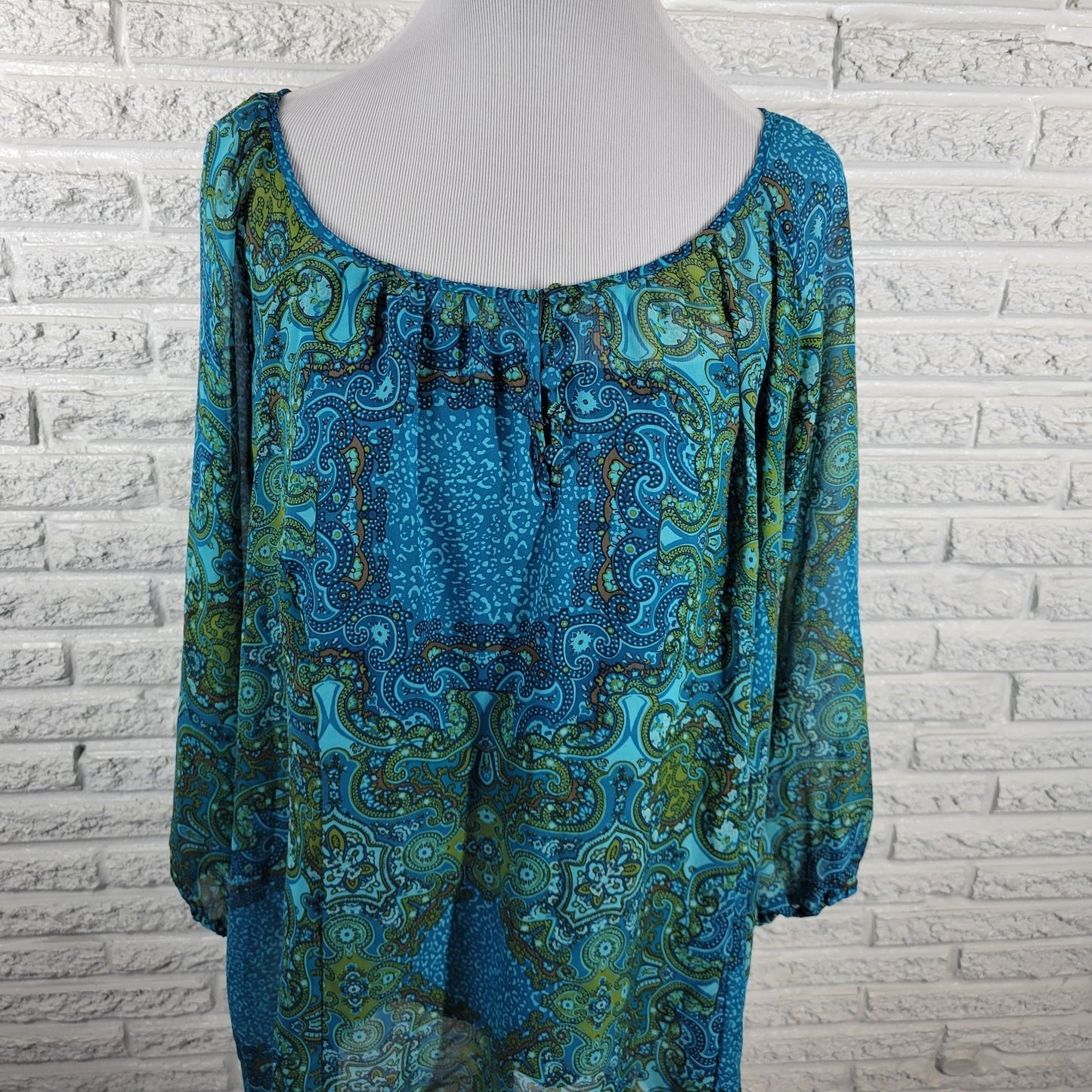 Apt 9 Women's 2X Plus Blue Geometric Sheer Button-Up 3/4 Sleeve Blouse Top