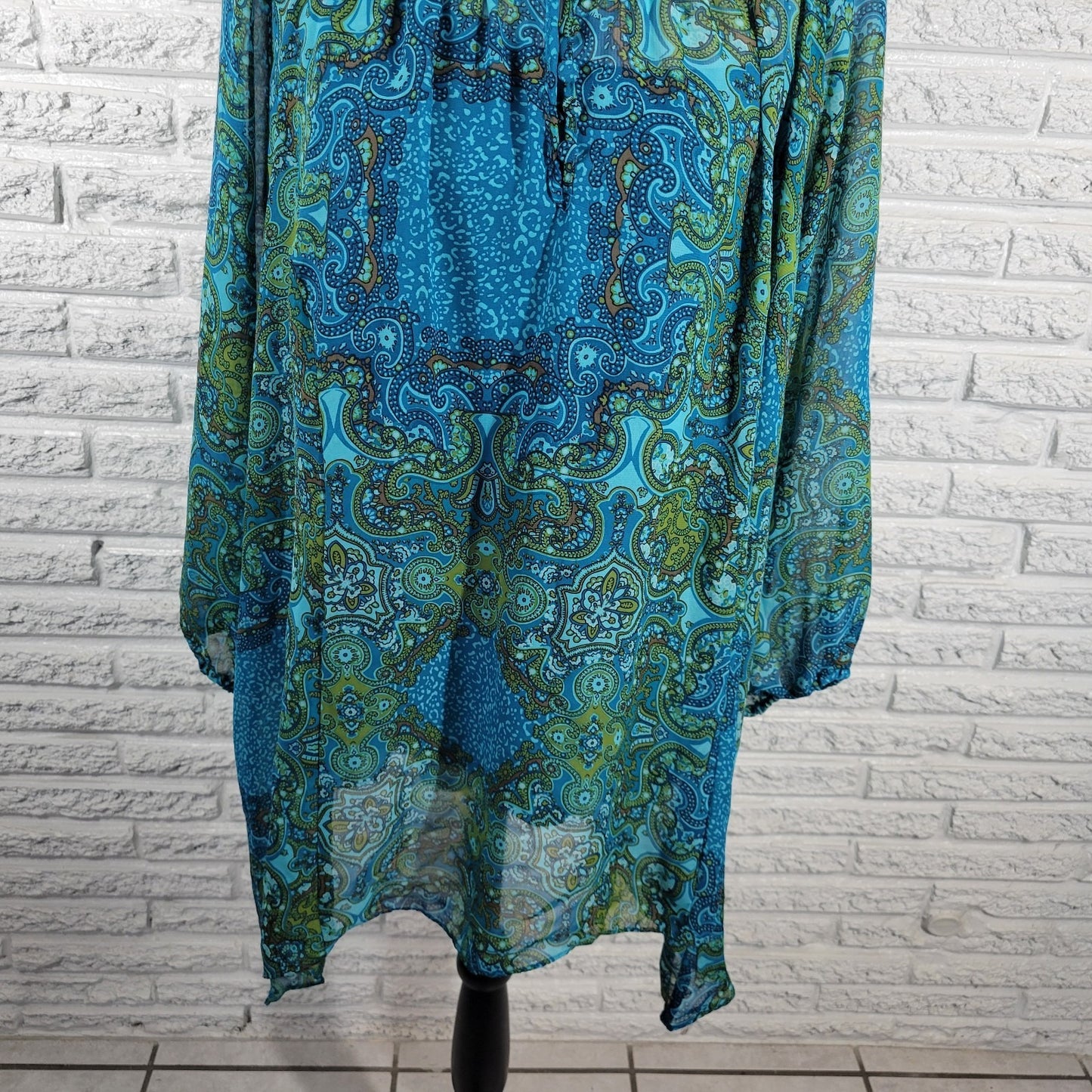 Apt 9 Women's 2X Plus Blue Geometric Sheer Button-Up 3/4 Sleeve Blouse Top