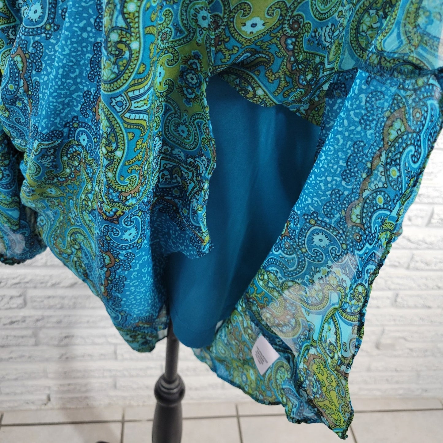 Apt 9 Women's 2X Plus Blue Geometric Sheer Button-Up 3/4 Sleeve Blouse Top