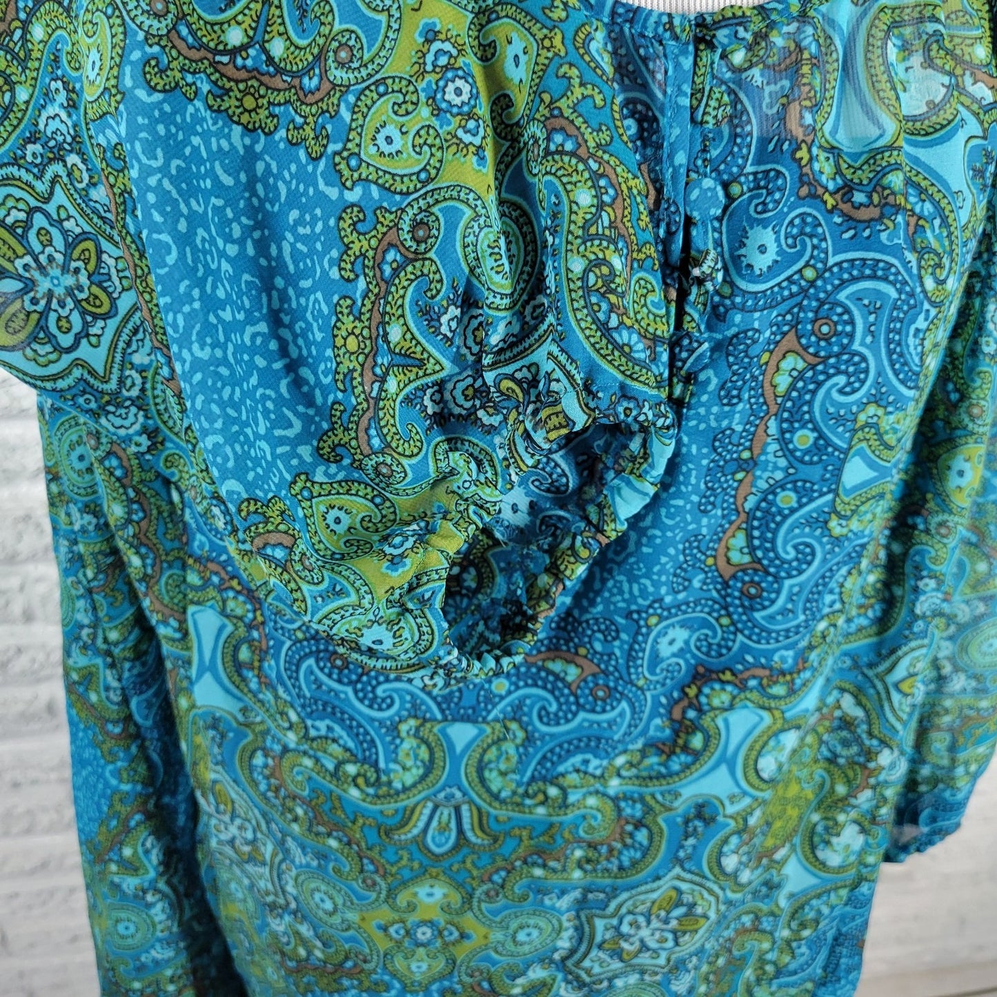 Apt 9 Women's 2X Plus Blue Geometric Sheer Button-Up 3/4 Sleeve Blouse Top
