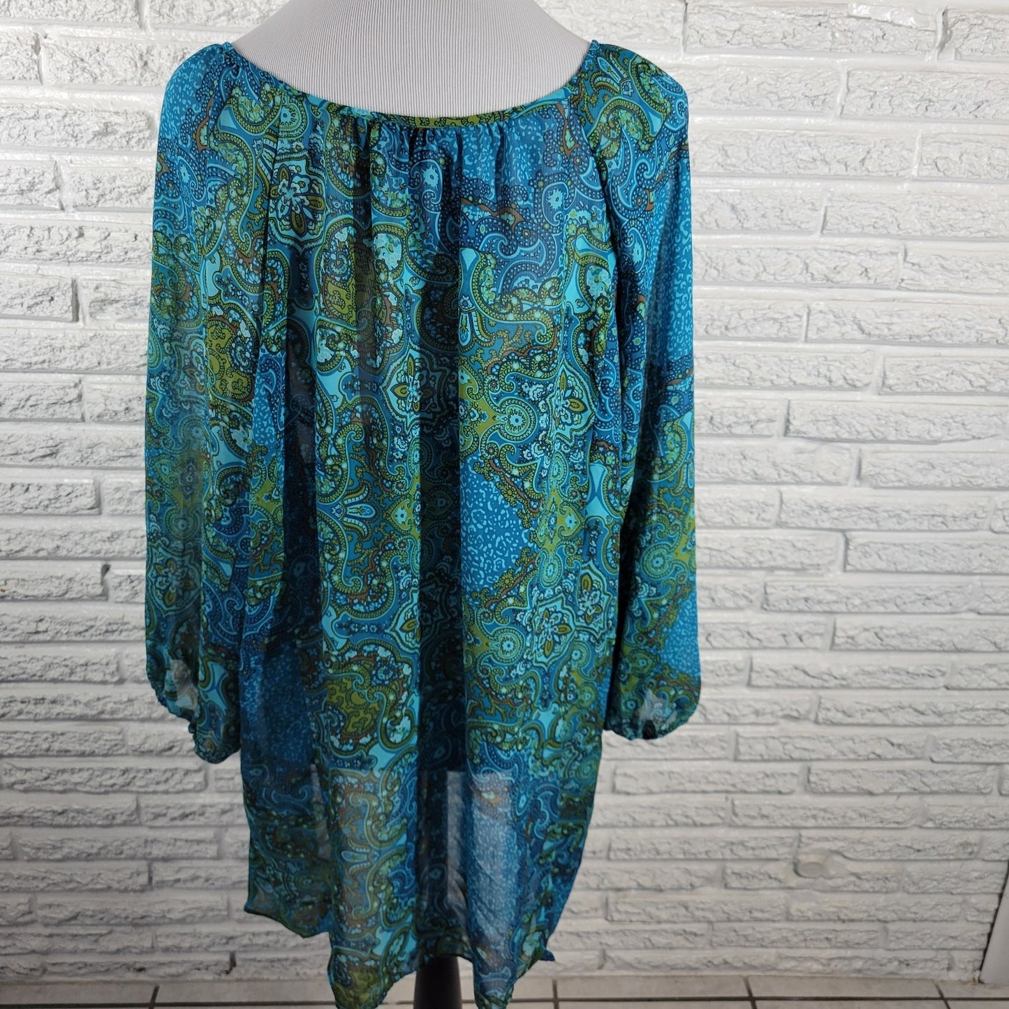 Apt 9 Women's 2X Plus Blue Geometric Sheer Button-Up 3/4 Sleeve Blouse Top
