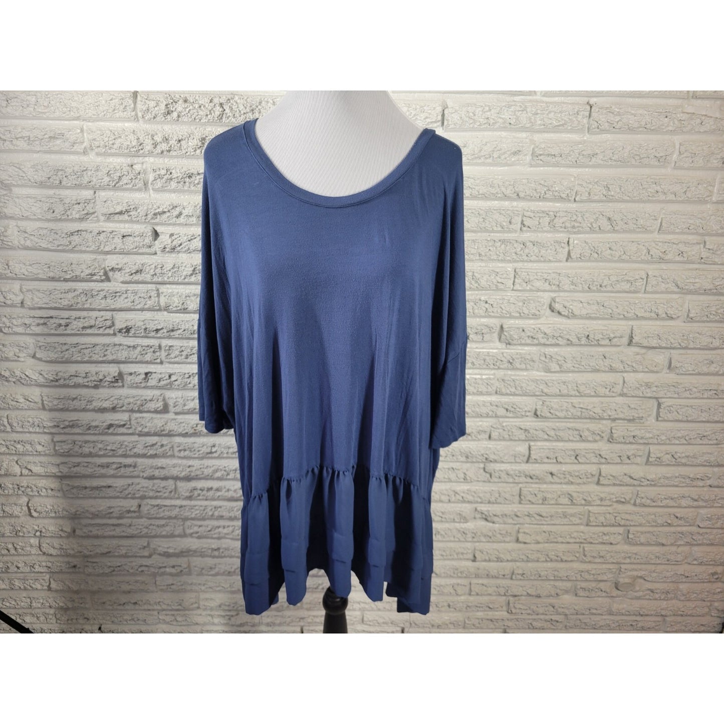 Roamans Womens Top 3X Plus Short Sleeve Blue Chiffon Hem Ruffle Rayon Blend