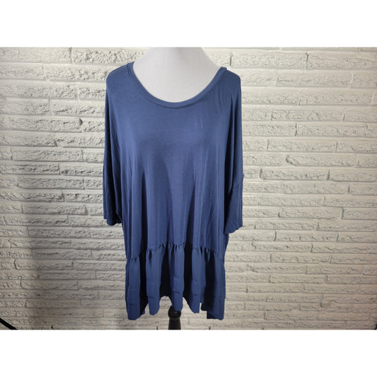Roamans Womens Top 3X Plus Short Sleeve Blue Chiffon Hem Ruffle Rayon Blend
