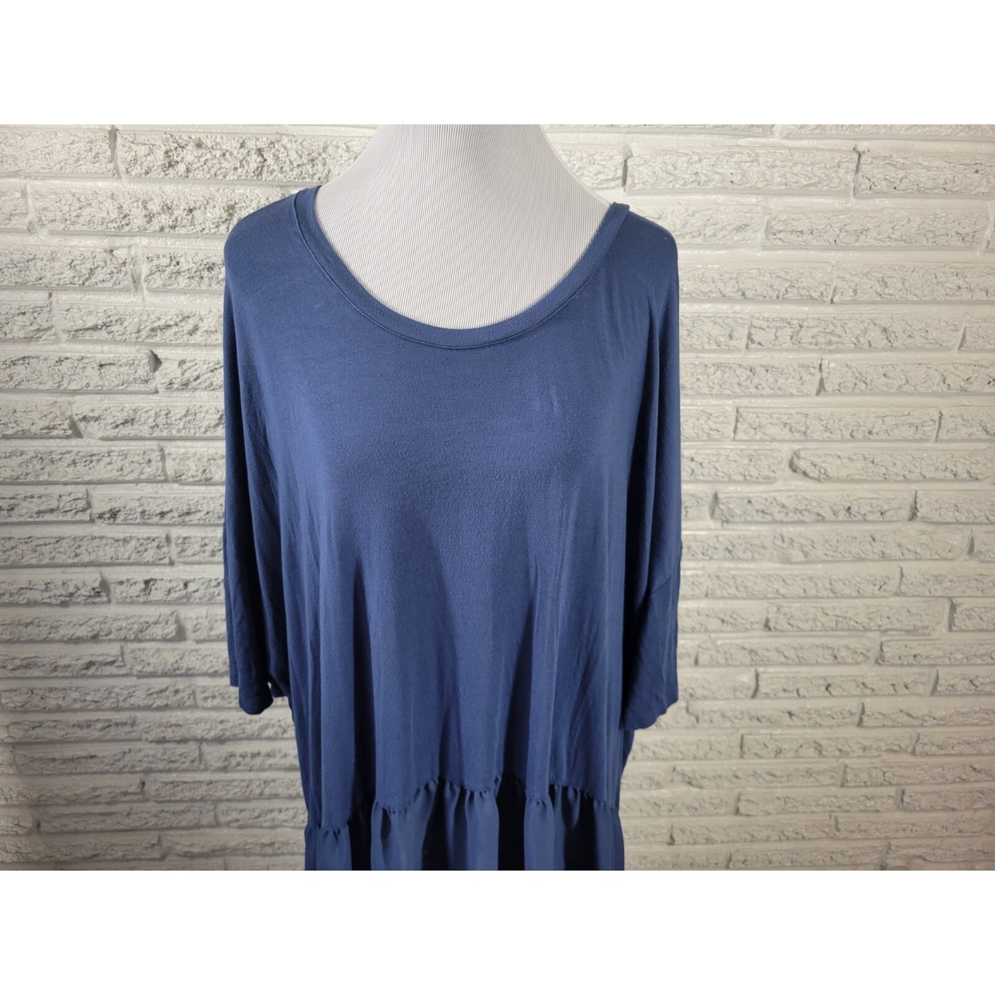 Roamans Womens Top 3X Plus Short Sleeve Blue Chiffon Hem Ruffle Rayon Blend