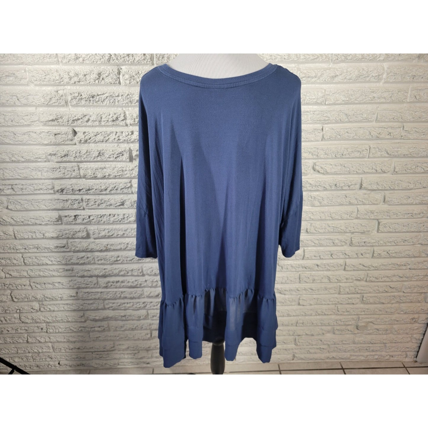 Roamans Womens Top 3X Plus Short Sleeve Blue Chiffon Hem Ruffle Rayon Blend